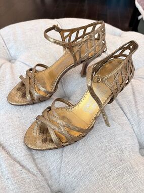 Salvatore Ferragamo Bronze Metallic Cage-Strap Heeled Sandals, Size 6